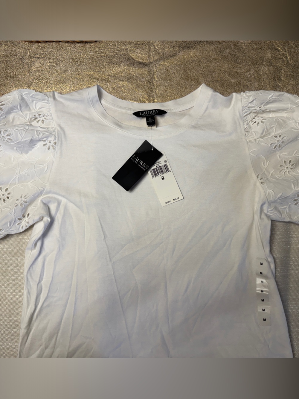 Lauren Ralph Lauren White Eyelet Puff-Sleeve Tee Shirt